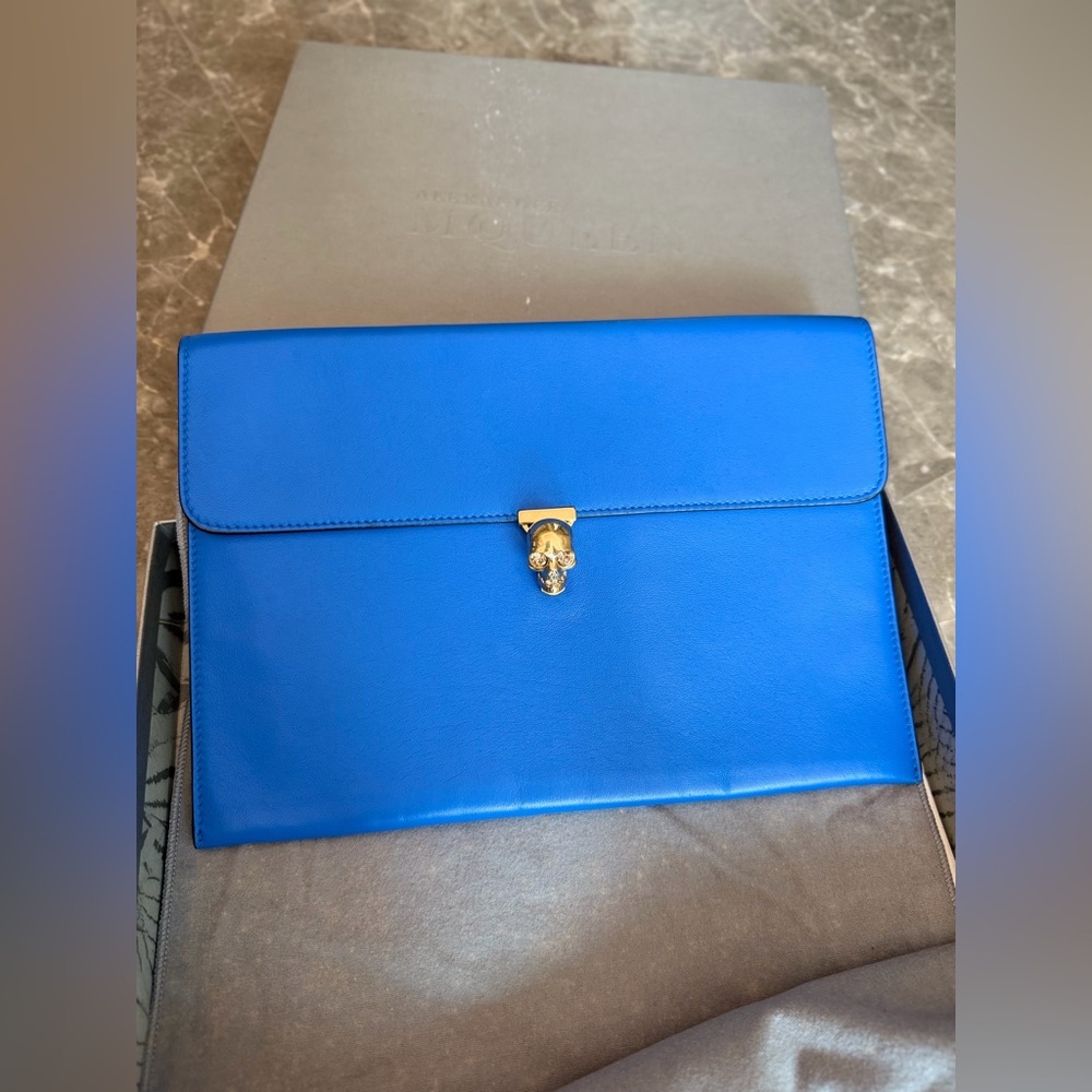 Alexander McQueen Electric Blue Leather Skull Clasp Envelope Bag